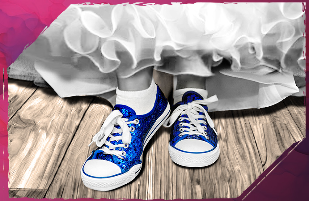 Seismic Sound - Wedding DJs Etc. - Feet of bride with sequined blue Converse sneakers